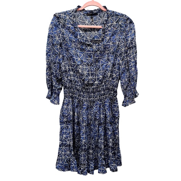Maje Paris Blue Abstract Print Smocked Waist Mini Dress Size 40 - Picture 4 of 13